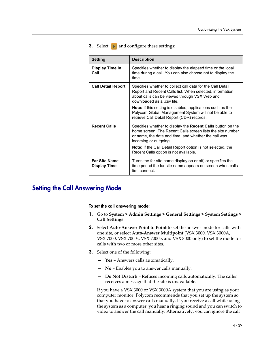 Setting the call answering mode, Setting the call answering mode -39 | Polycom VSX Series User Manual | Page 129 / 248
