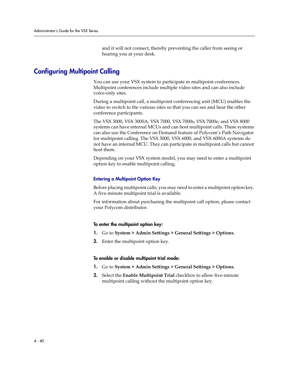 Configuring multipoint calling, Entering a multipoint option key, Configuring multipoint calling -40 | Entering a multipoint option key -40 | Polycom VSX Series User Manual | Page 130 / 248