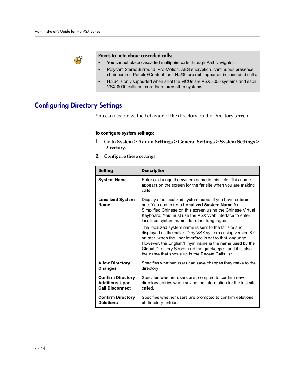 Configuring directory settings, Configuring directory settings -44 | Polycom VSX Series User Manual | Page 134 / 248