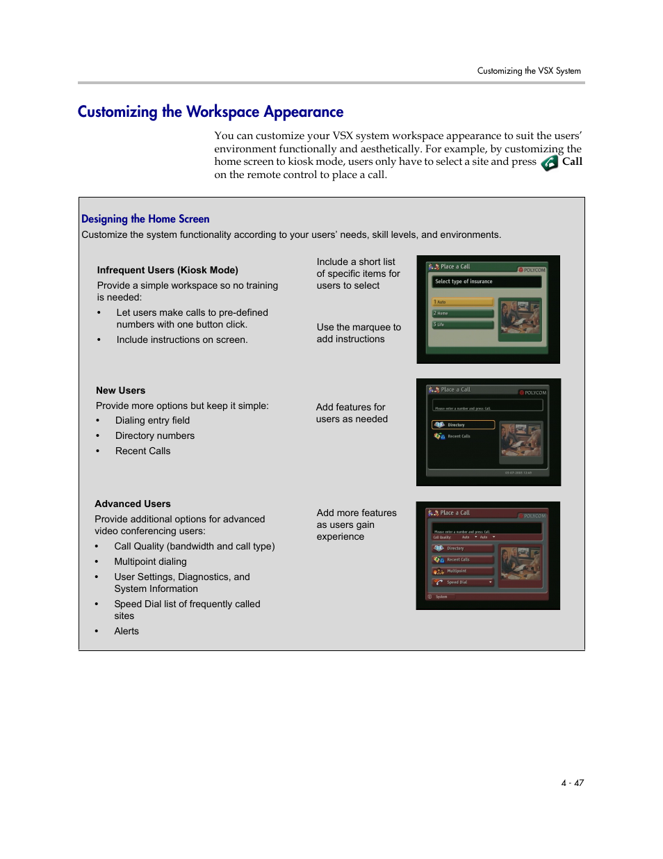 Customizing the workspace appearance, Designing the home screen, Customizing the workspace appearance -47 | Designing the home screen -47 | Polycom VSX Series User Manual | Page 137 / 248