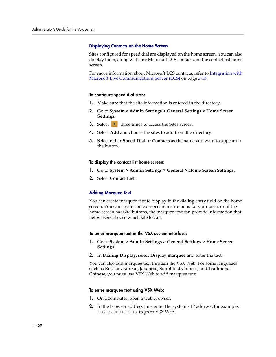 Displaying contacts on the home screen, Adding marquee text | Polycom VSX Series User Manual | Page 140 / 248