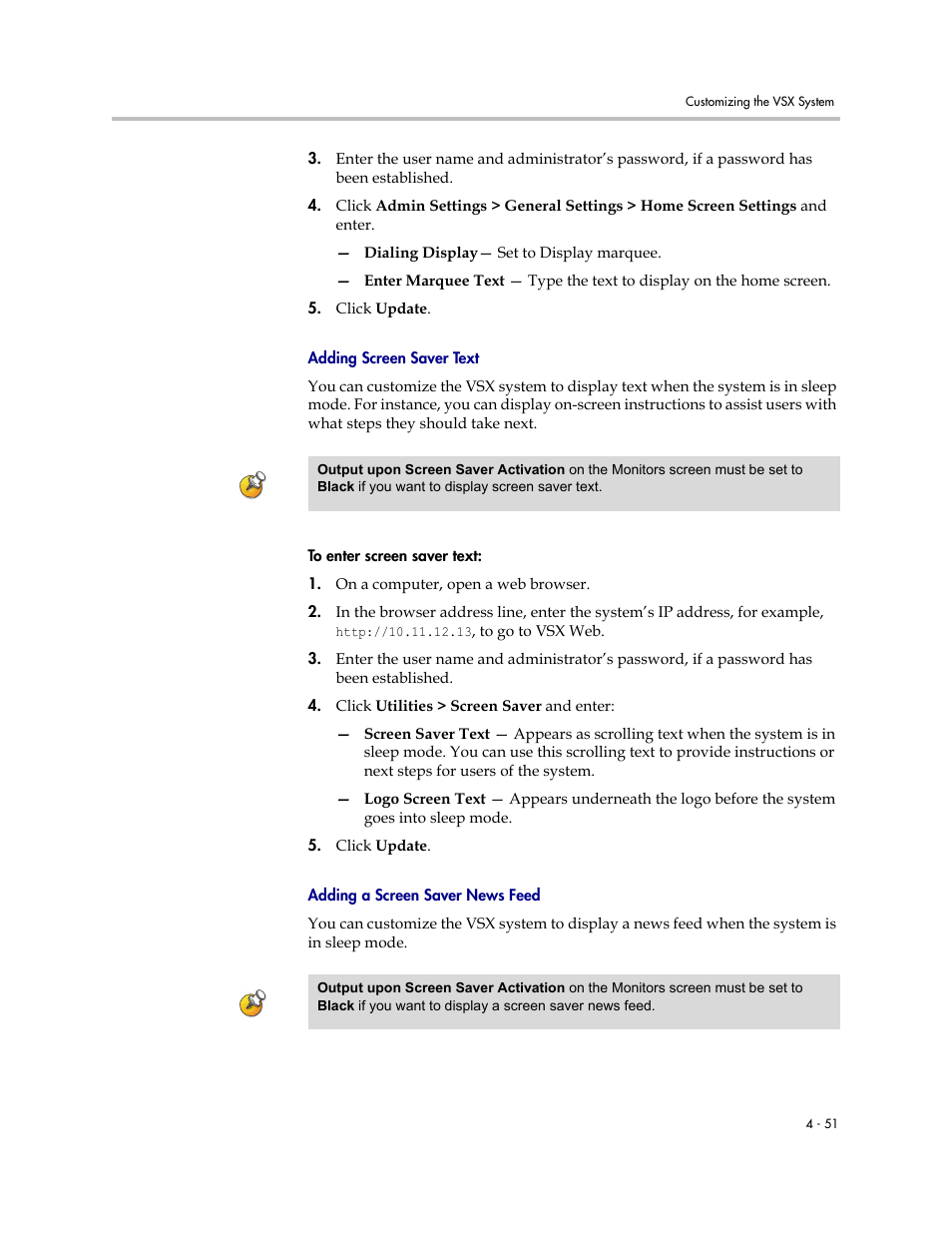 Adding screen saver text, Adding a screen saver news feed | Polycom VSX Series User Manual | Page 141 / 248