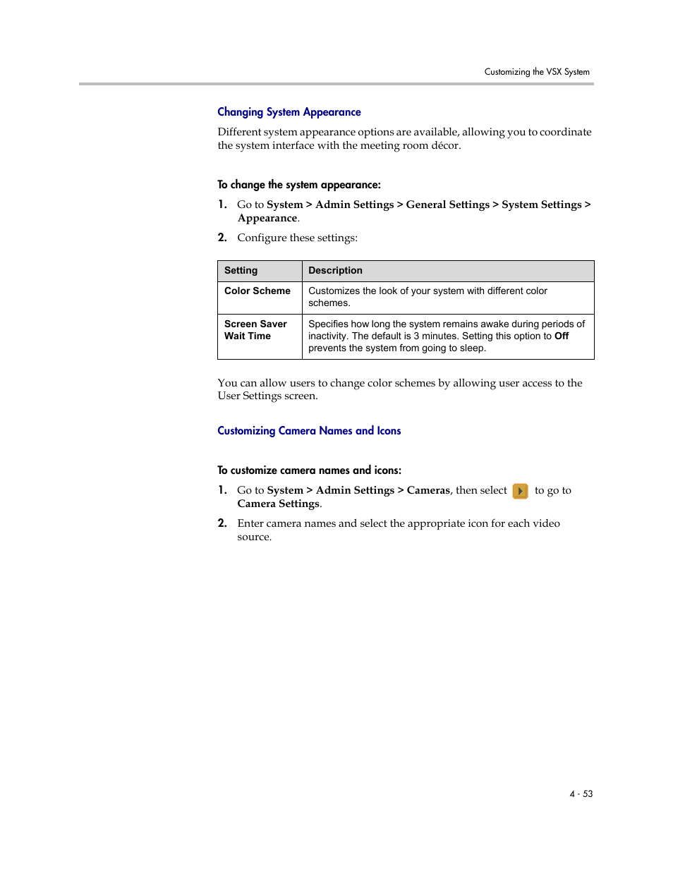 Changing system appearance, Customizing camera names and icons | Polycom VSX Series User Manual | Page 143 / 248