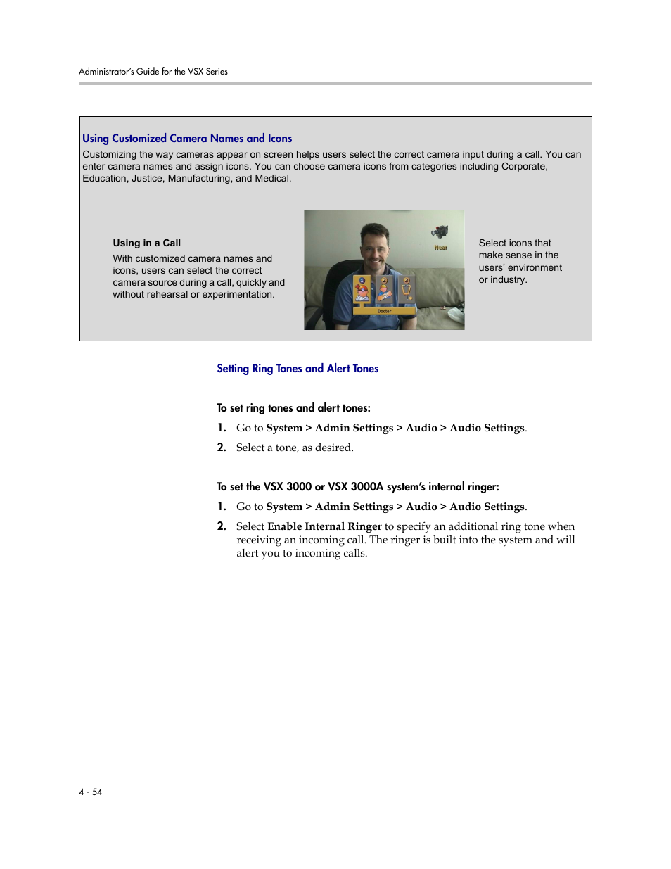 Using customized camera names and icons, Setting ring tones and alert tones | Polycom VSX Series User Manual | Page 144 / 248