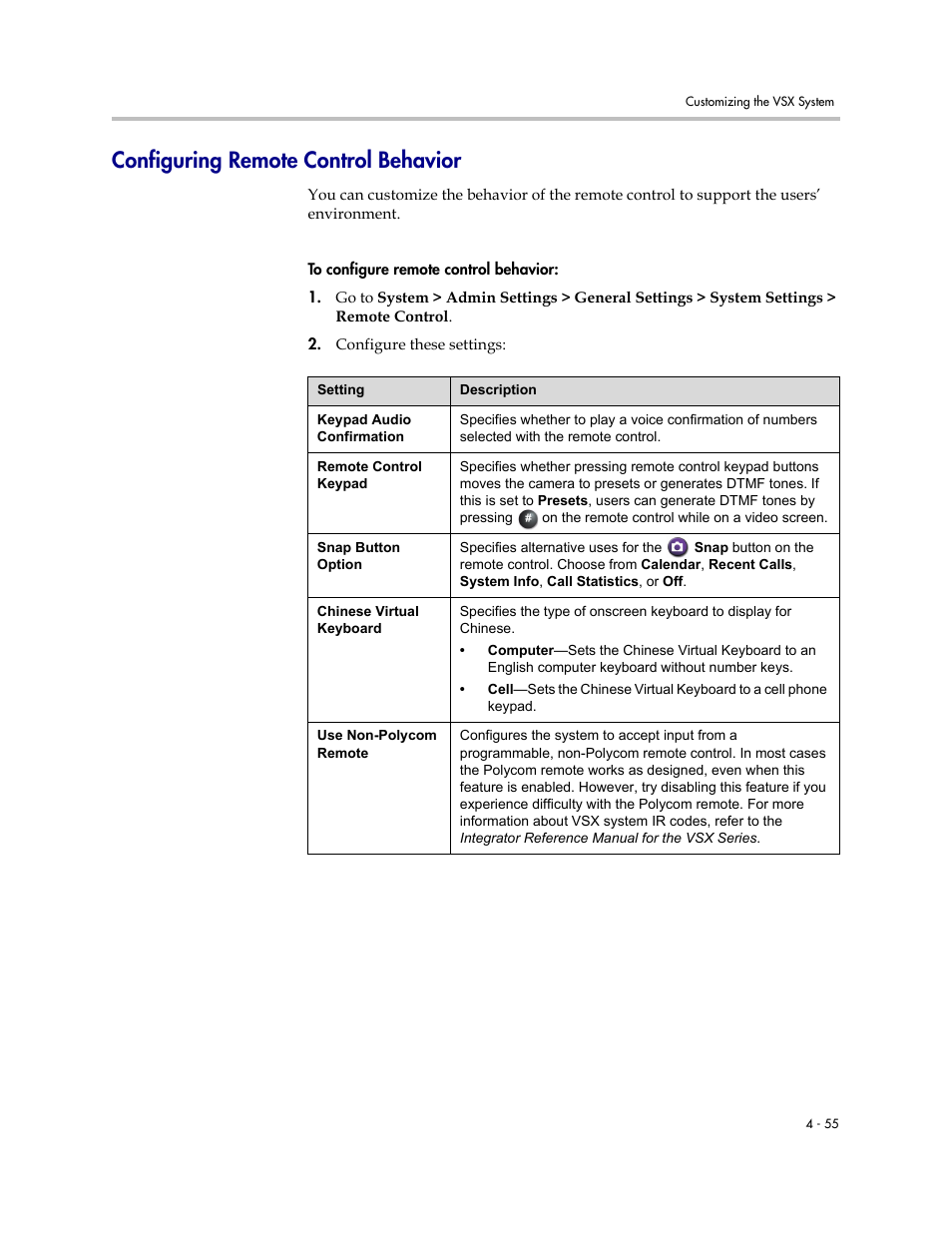 Configuring remote control behavior, Configuring remote control behavior -55 | Polycom VSX Series User Manual | Page 145 / 248