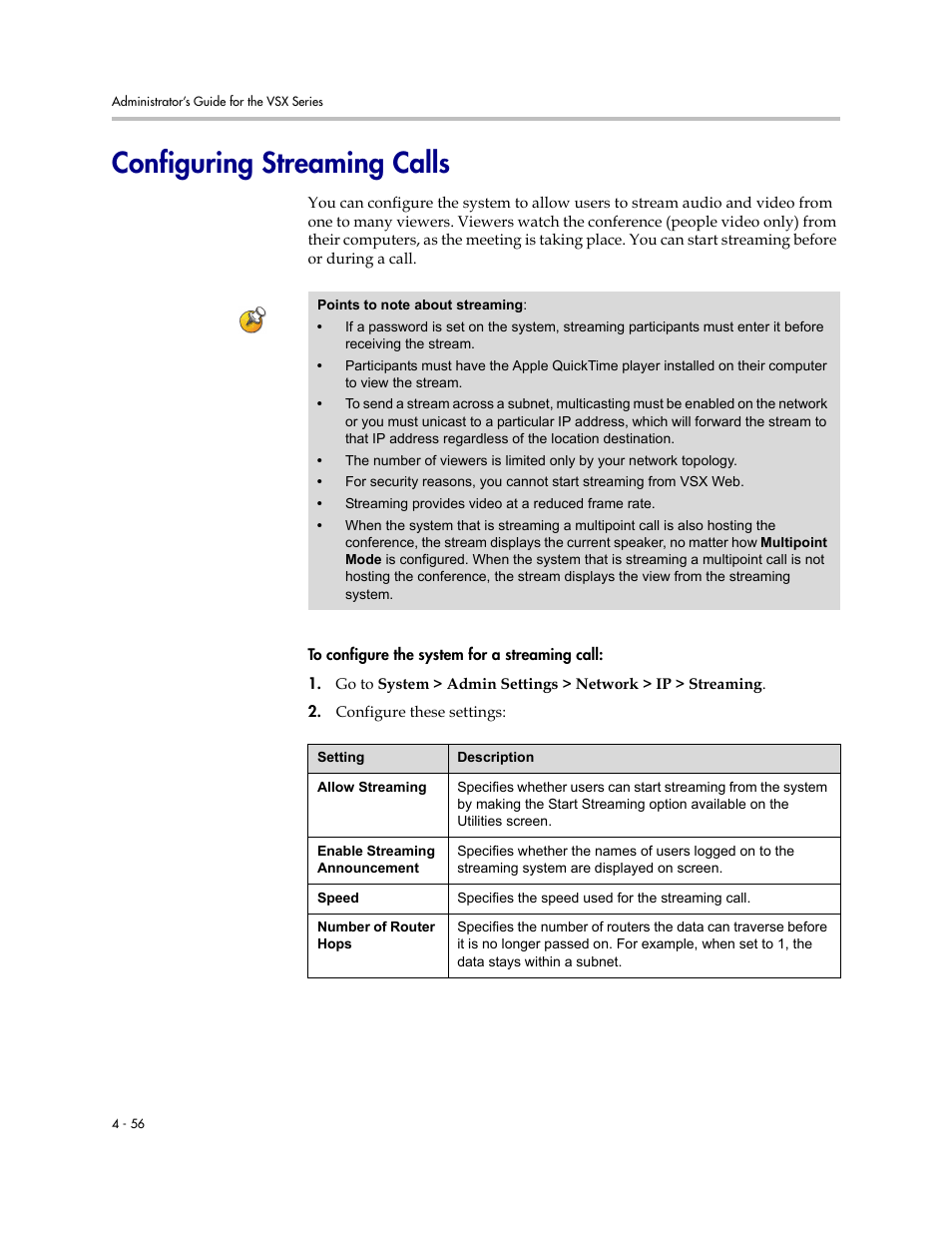 Configuring streaming calls, Configuring streaming calls -56 | Polycom VSX Series User Manual | Page 146 / 248