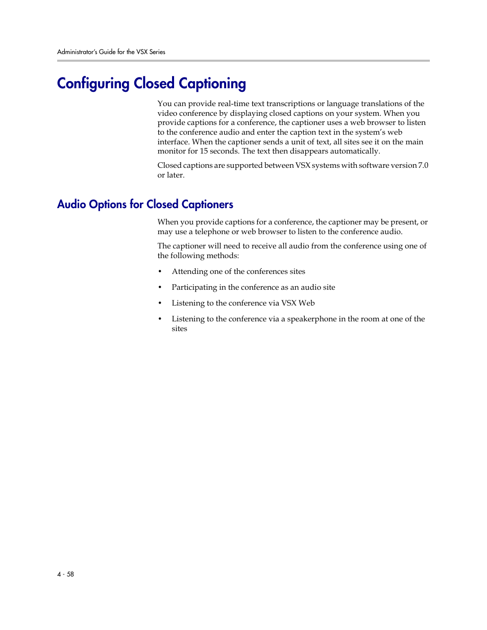 Configuring closed captioning, Audio options for closed captioners, Configuring closed captioning -58 | Audio options for closed captioners -58 | Polycom VSX Series User Manual | Page 148 / 248