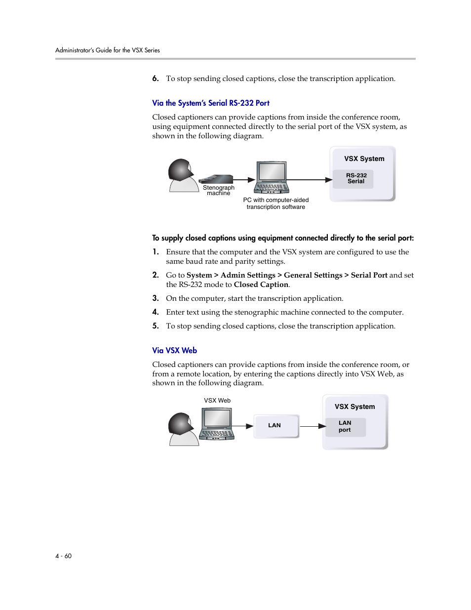 Via the system’s serial rs-232 port, Via vsx web | Polycom VSX Series User Manual | Page 150 / 248