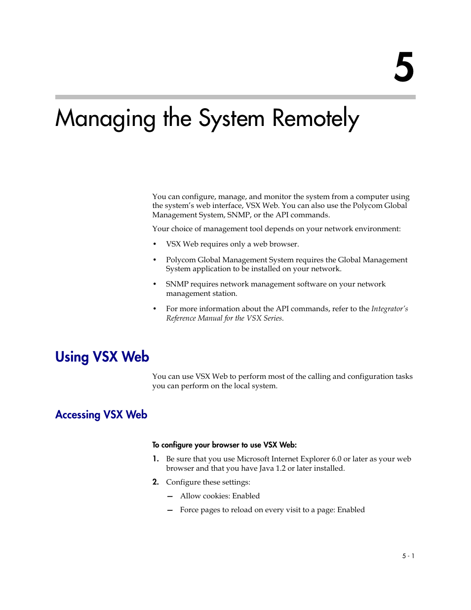 Managing the system remotely, Using vsx web, Accessing vsx web | 5 managing the system remotely -1, Using vsx web -1, Accessing vsx web -1, Managing the system, Remotely, Accessing, Vsx web | Polycom VSX Series User Manual | Page 153 / 248