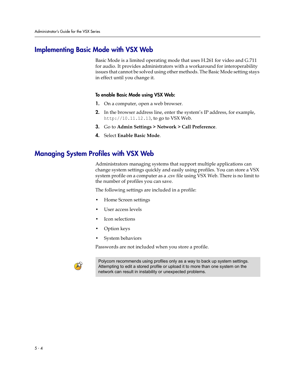 Implementing basic mode with vsx web, Managing system profiles with vsx web | Polycom VSX Series User Manual | Page 156 / 248