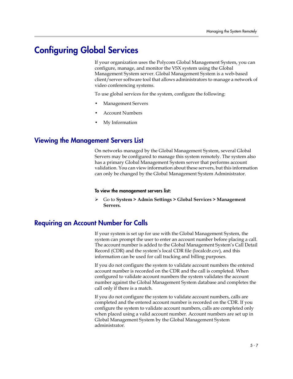 Configuring global services, Viewing the management servers list, Requiring an account number for calls | Configuring global services -7 | Polycom VSX Series User Manual | Page 159 / 248