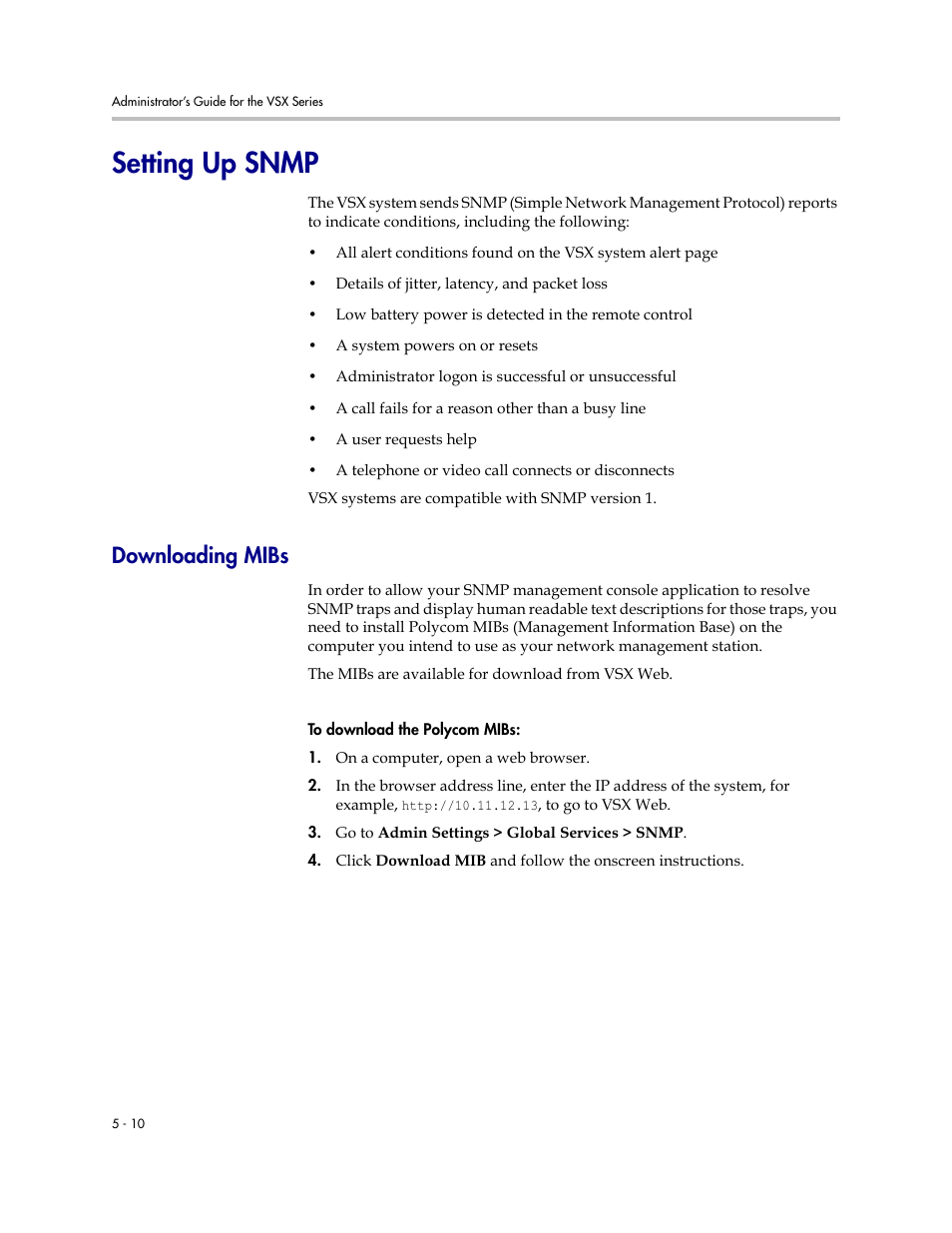 Setting up snmp, Downloading mibs, Setting up snmp -10 | Downloading mibs -10 | Polycom VSX Series User Manual | Page 162 / 248