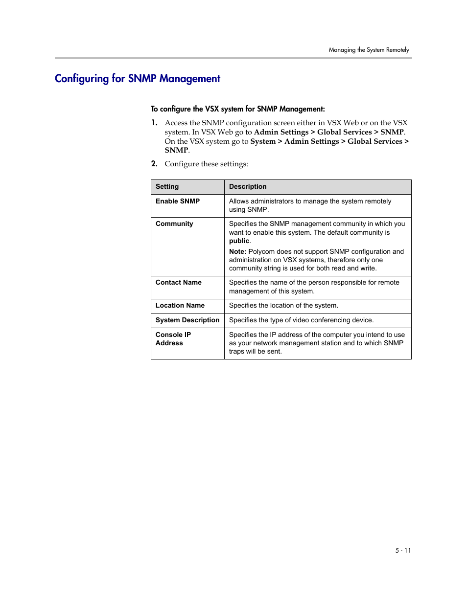 Configuring for snmp management, Configuring for snmp management -11 | Polycom VSX Series User Manual | Page 163 / 248