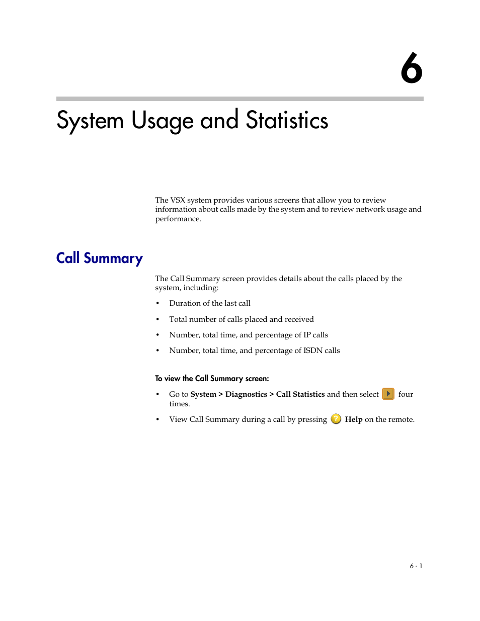 System usage and statistics, Call summary, 6 system usage and statistics -1 | Call summary -1 | Polycom VSX Series User Manual | Page 165 / 248