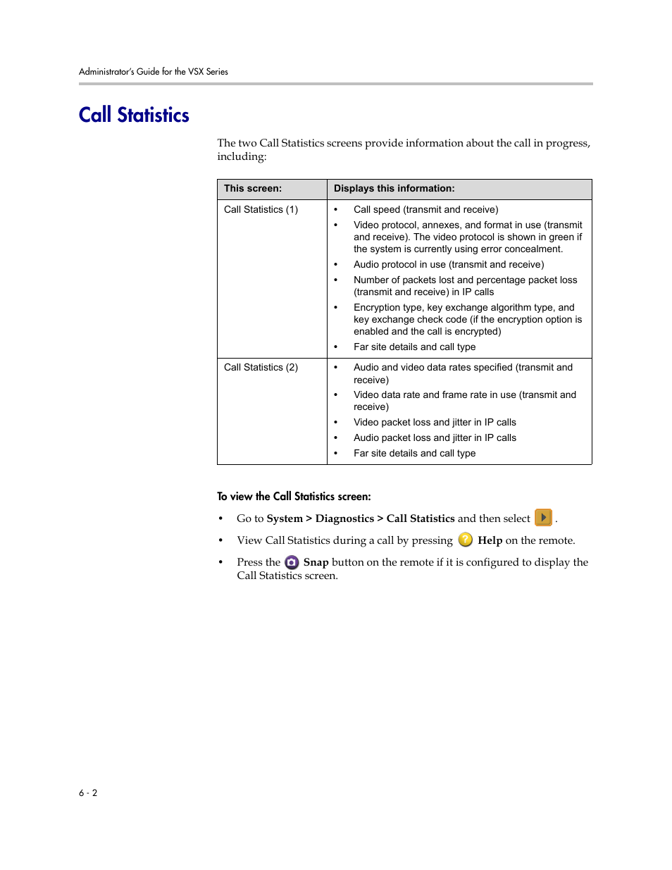 Call statistics, Call statistics -2 | Polycom VSX Series User Manual | Page 166 / 248