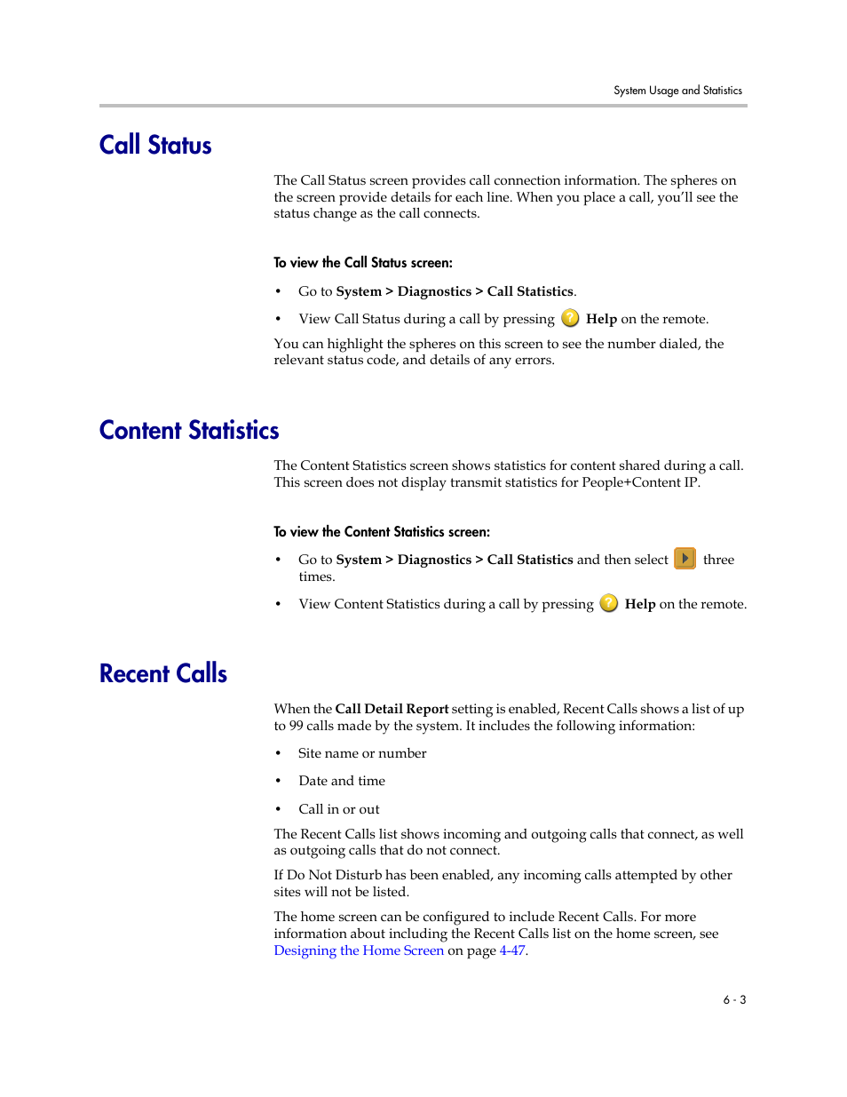Call status, Content statistics, Recent calls | Polycom VSX Series User Manual | Page 167 / 248