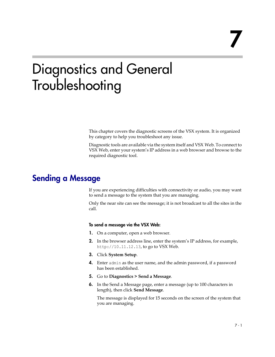 Diagnostics and general troubleshooting, Sending a message, 7 diagnostics and general troubleshooting -1 | Sending a message -1 | Polycom VSX Series User Manual | Page 173 / 248