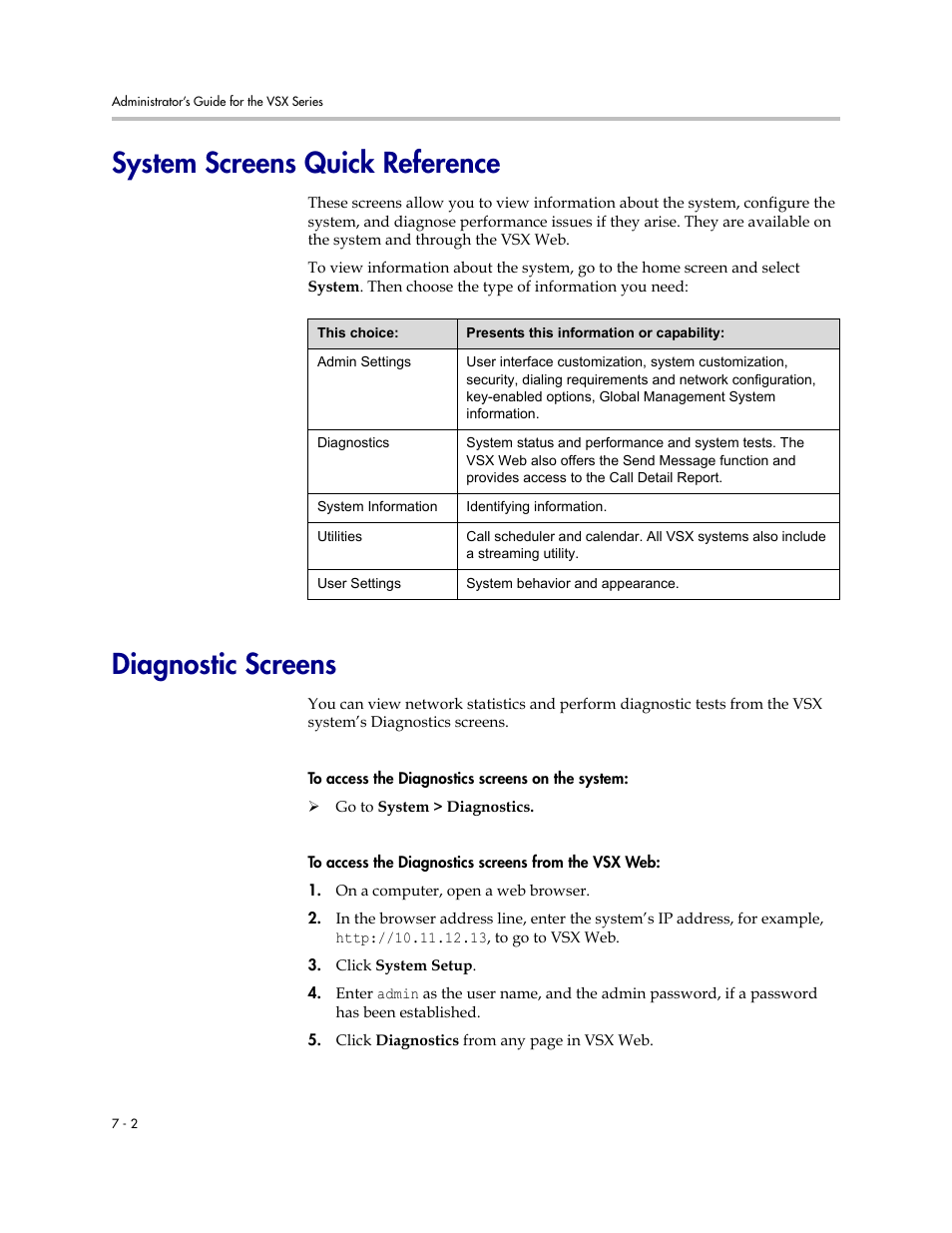 System screens quick reference, Diagnostic screens | Polycom VSX Series User Manual | Page 174 / 248