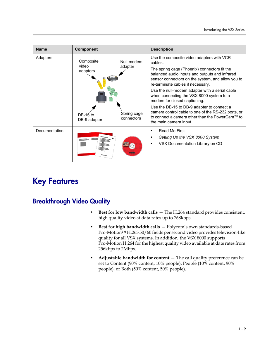 Key features, Breakthrough video quality, Key features -9 | Breakthrough video quality -9 | Polycom VSX Series User Manual | Page 19 / 248