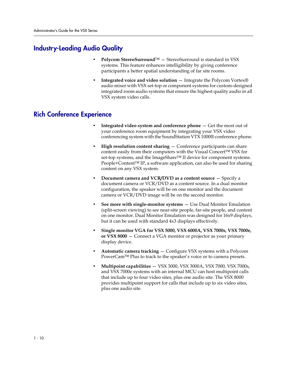 Industry-leading audio quality, Rich conference experience | Polycom VSX Series User Manual | Page 20 / 248