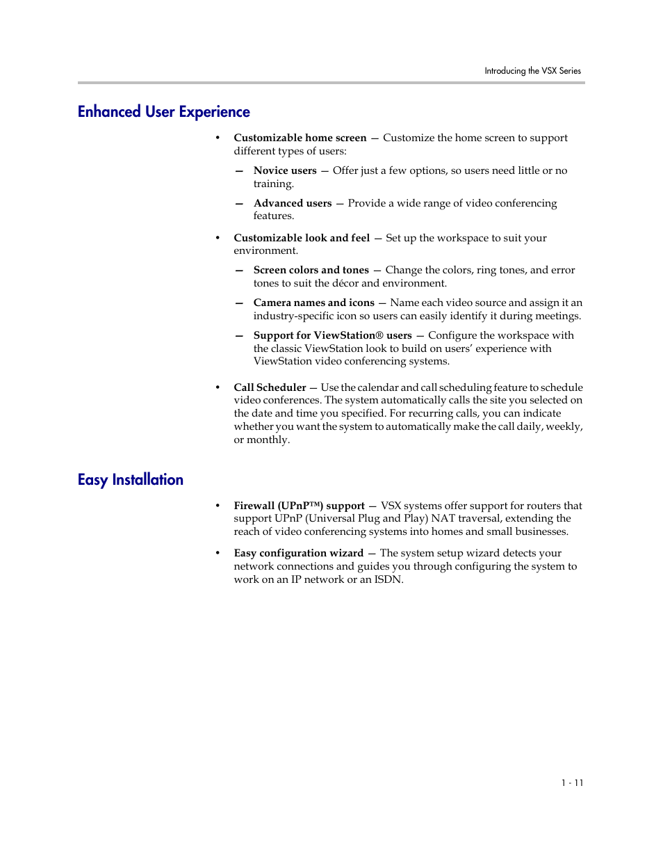 Enhanced user experience, Easy installation, Enhanced user experience -11 easy installation -11 | Polycom VSX Series User Manual | Page 21 / 248