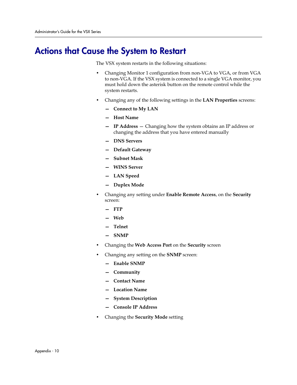 Actions that cause the system to restart | Polycom VSX Series User Manual | Page 214 / 248