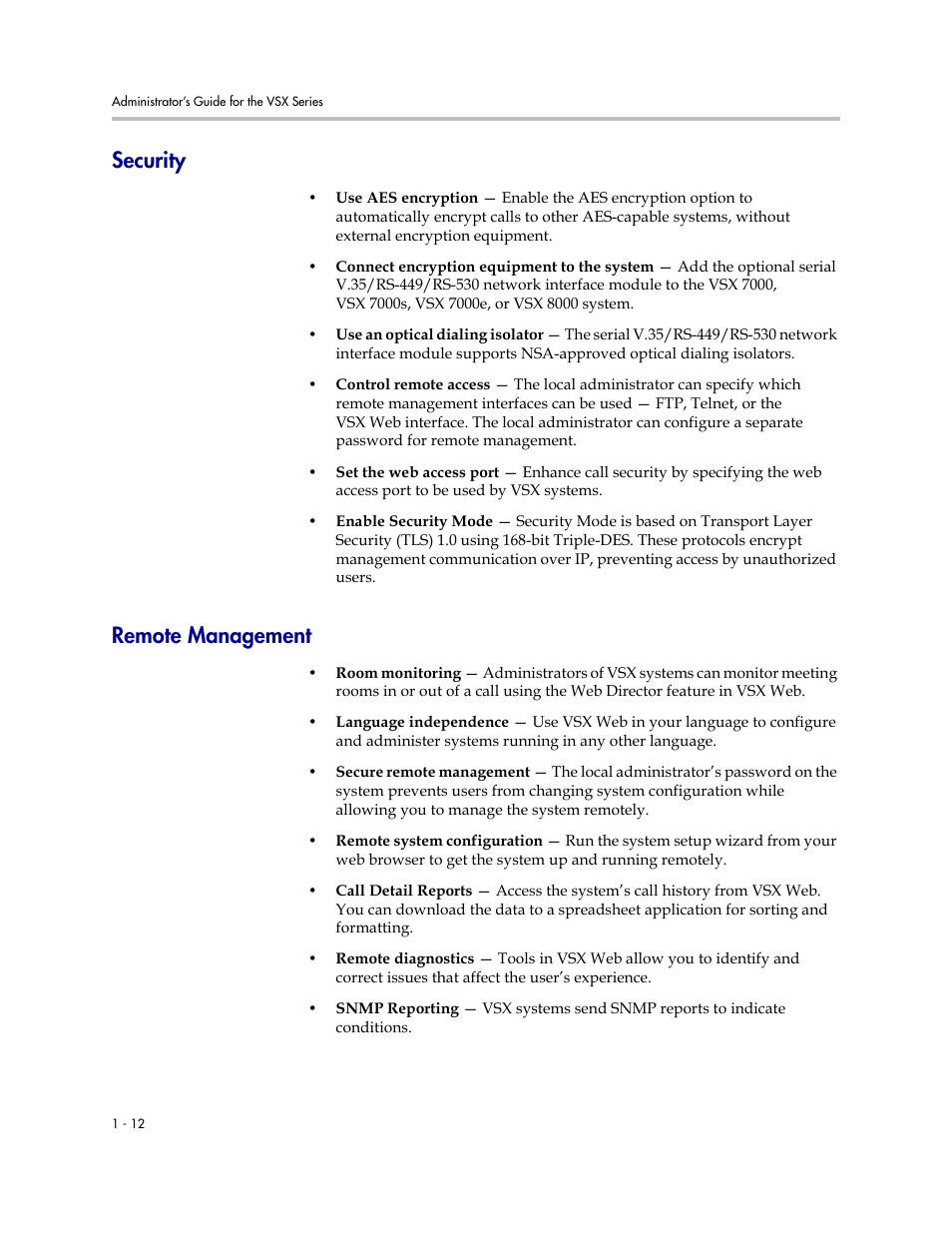 Security, Remote management, Security -12 remote management -12 | Polycom VSX Series User Manual | Page 22 / 248