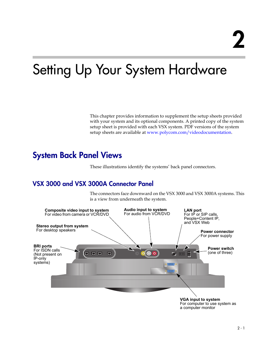 Setting up your system hardware, System back panel views, Vsx 3000 and vsx 3000a connector panel | 2 setting up your system hardware -1, System back panel views -1, Vsx 3000 and vsx 3000a connector panel -1 | Polycom VSX Series User Manual | Page 23 / 248