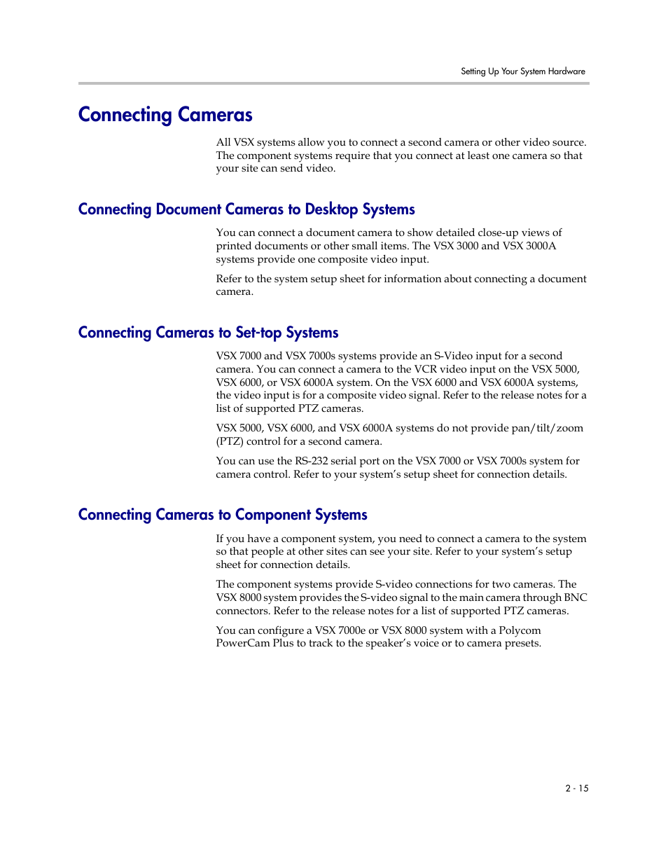 Connecting cameras, Connecting document cameras to desktop systems, Connecting cameras to set-top systems | Connecting cameras to component systems, Connecting cameras -15 | Polycom VSX Series User Manual | Page 37 / 248