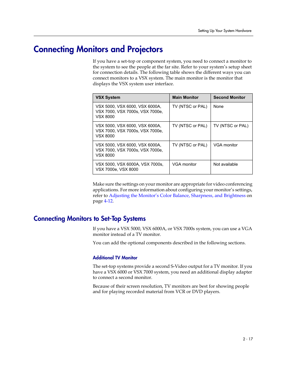 Connecting monitors and projectors, Connecting monitors to set-top systems, Additional tv monitor | Connecting monitors and projectors -17, Connecting monitors to set-top systems -17, Additional tv monitor -17 | Polycom VSX Series User Manual | Page 39 / 248