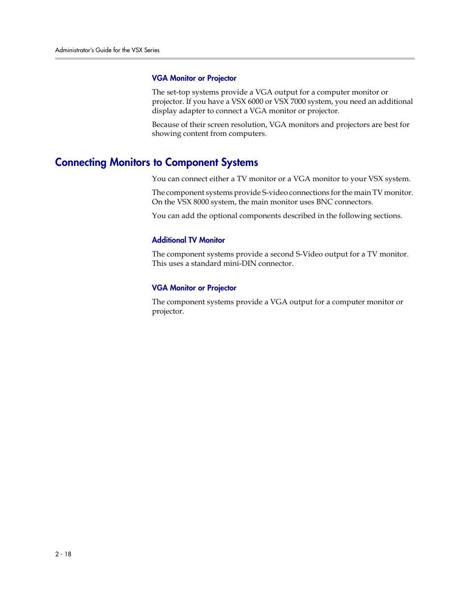 Vga monitor or projector, Connecting monitors to component systems, Additional tv monitor | Vga monitor or projector -18, Connecting monitors to component systems -18 | Polycom VSX Series User Manual | Page 40 / 248