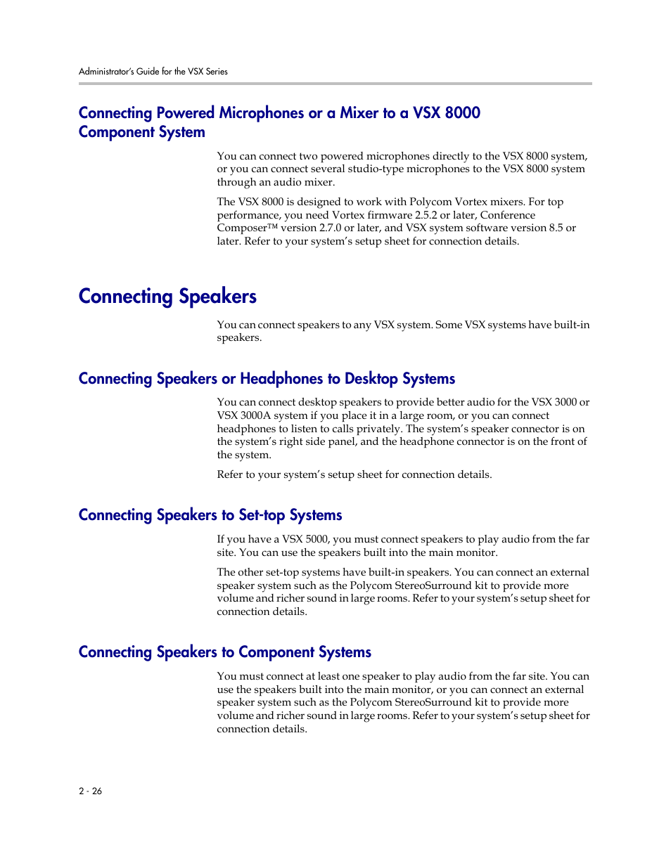 Connecting speakers, Connecting speakers to set-top systems, Connecting speakers to component systems | Connecting speakers -26 | Polycom VSX Series User Manual | Page 48 / 248