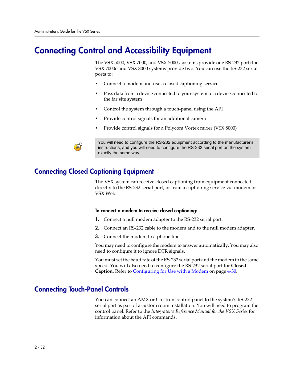 Connecting control and accessibility equipment, Connecting closed captioning equipment, Connecting touch-panel controls | Connecting control and accessibility equipment -32 | Polycom VSX Series User Manual | Page 54 / 248