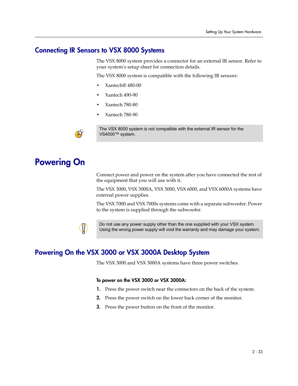 Connecting ir sensors to vsx 8000 systems, Powering on, Connecting ir sensors to vsx 8000 systems -33 | Powering on -33 | Polycom VSX Series User Manual | Page 55 / 248