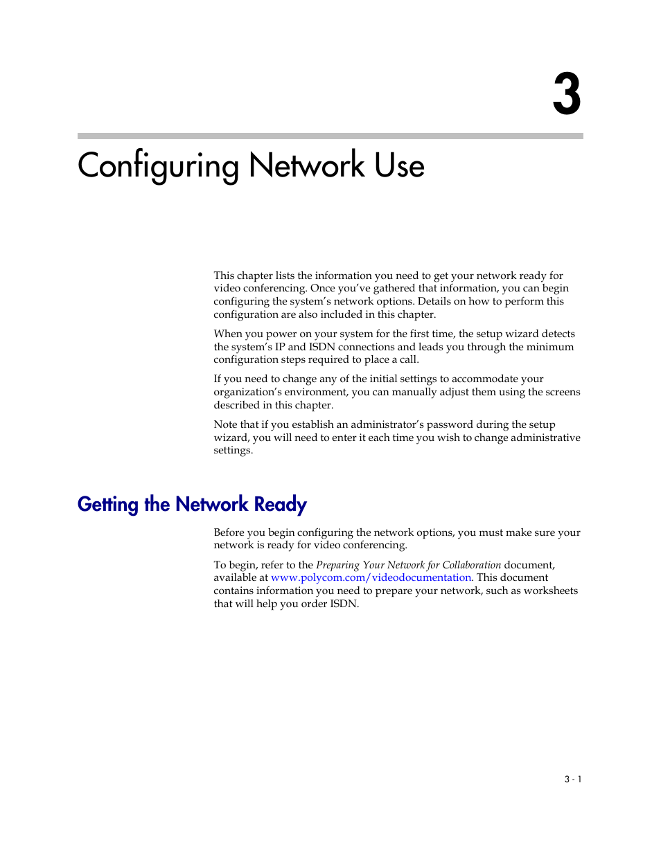 Configuring network use, Getting the network ready, 3 configuring network use -1 | Getting the network ready -1 | Polycom VSX Series User Manual | Page 57 / 248