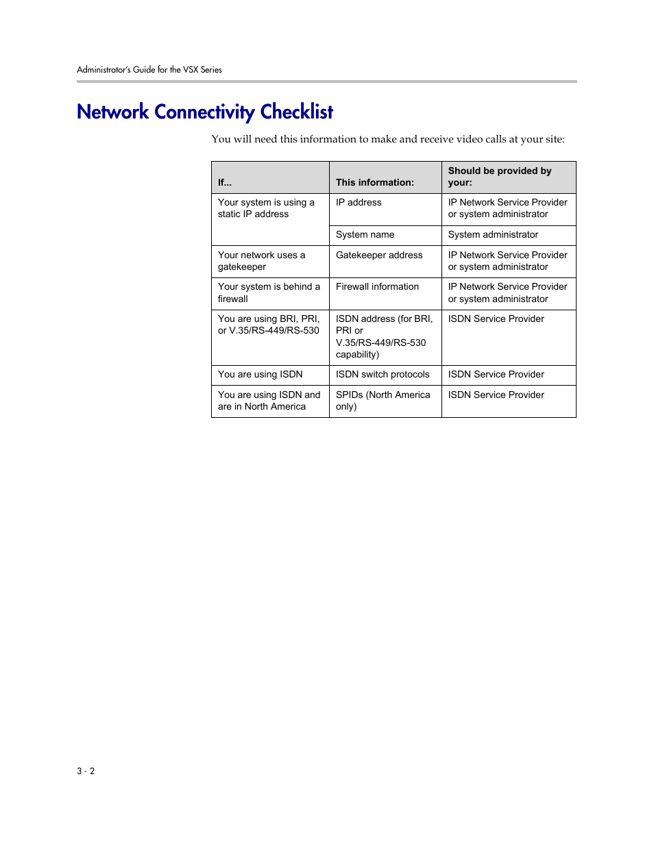 Network connectivity checklist, Network connectivity checklist -2 | Polycom VSX Series User Manual | Page 58 / 248