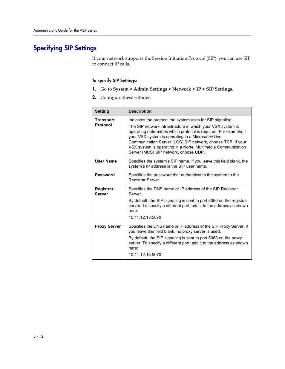 Specifying sip settings, Specifying sip settings -12 | Polycom VSX Series User Manual | Page 68 / 248