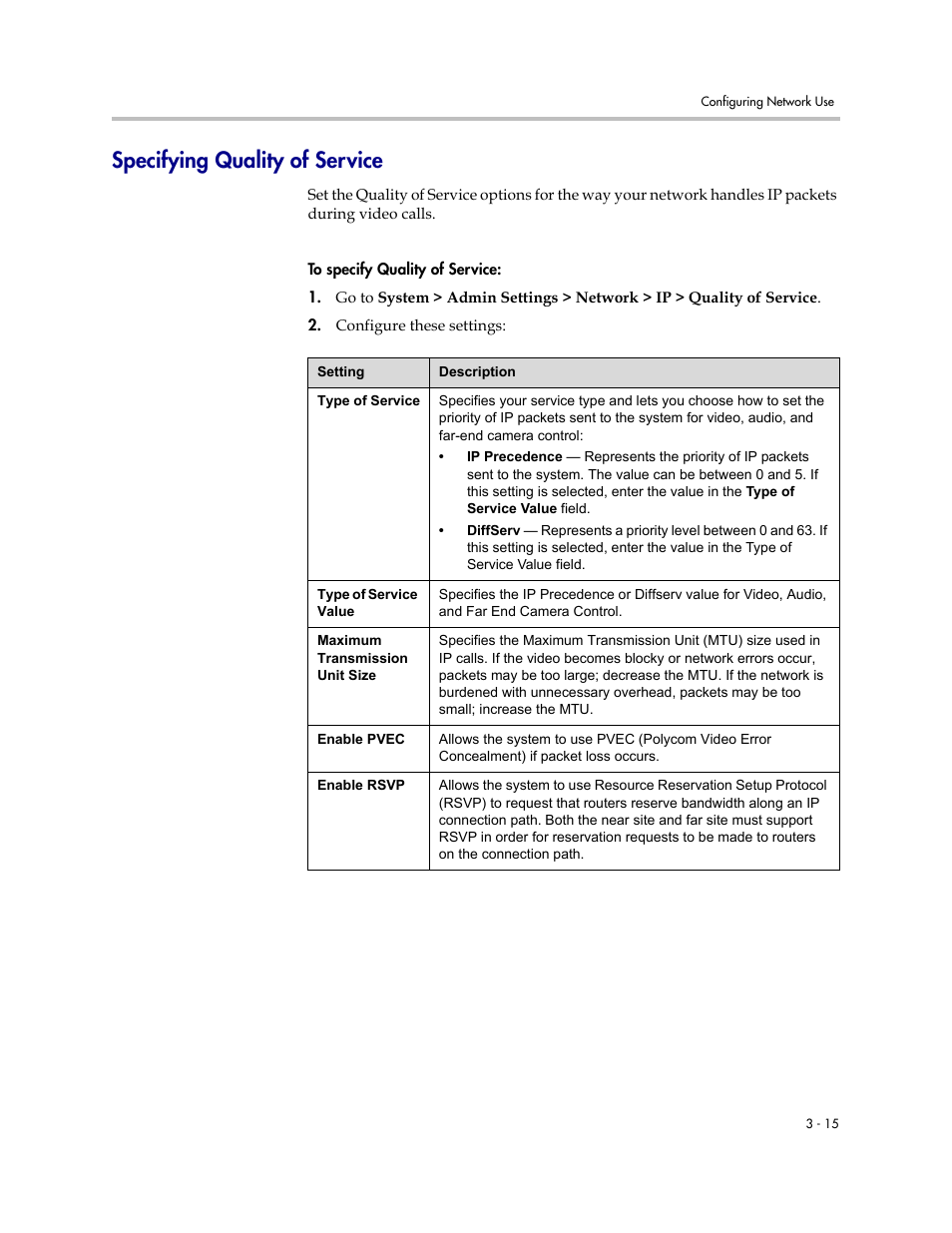 Specifying quality of service, Specifying quality of service -15 | Polycom VSX Series User Manual | Page 71 / 248