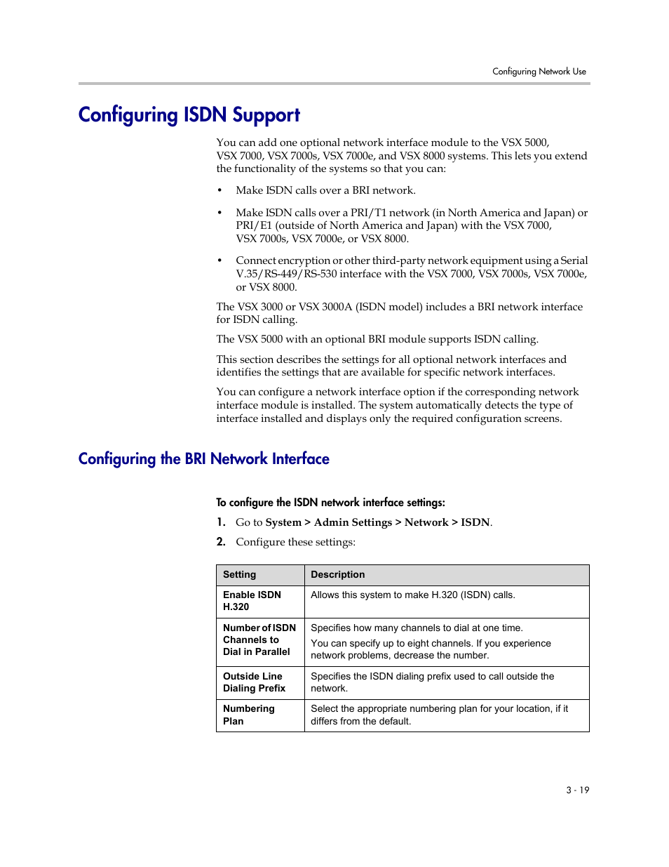 Configuring isdn support, Configuring the bri network interface, Configuring isdn support -19 | Configuring the bri network interface -19 | Polycom VSX Series User Manual | Page 75 / 248