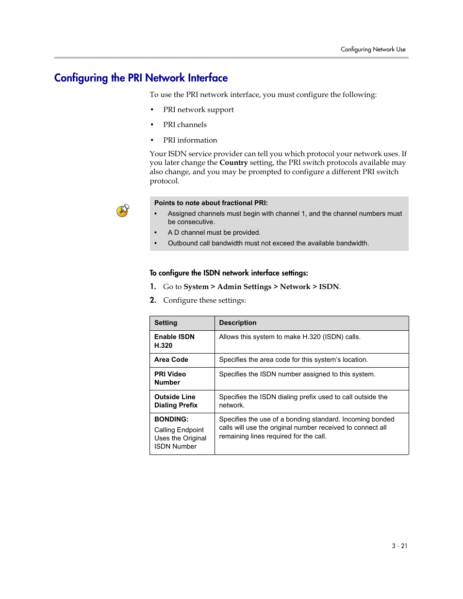 Configuring the pri network interface, Configuring the pri network interface -21 | Polycom VSX Series User Manual | Page 77 / 248