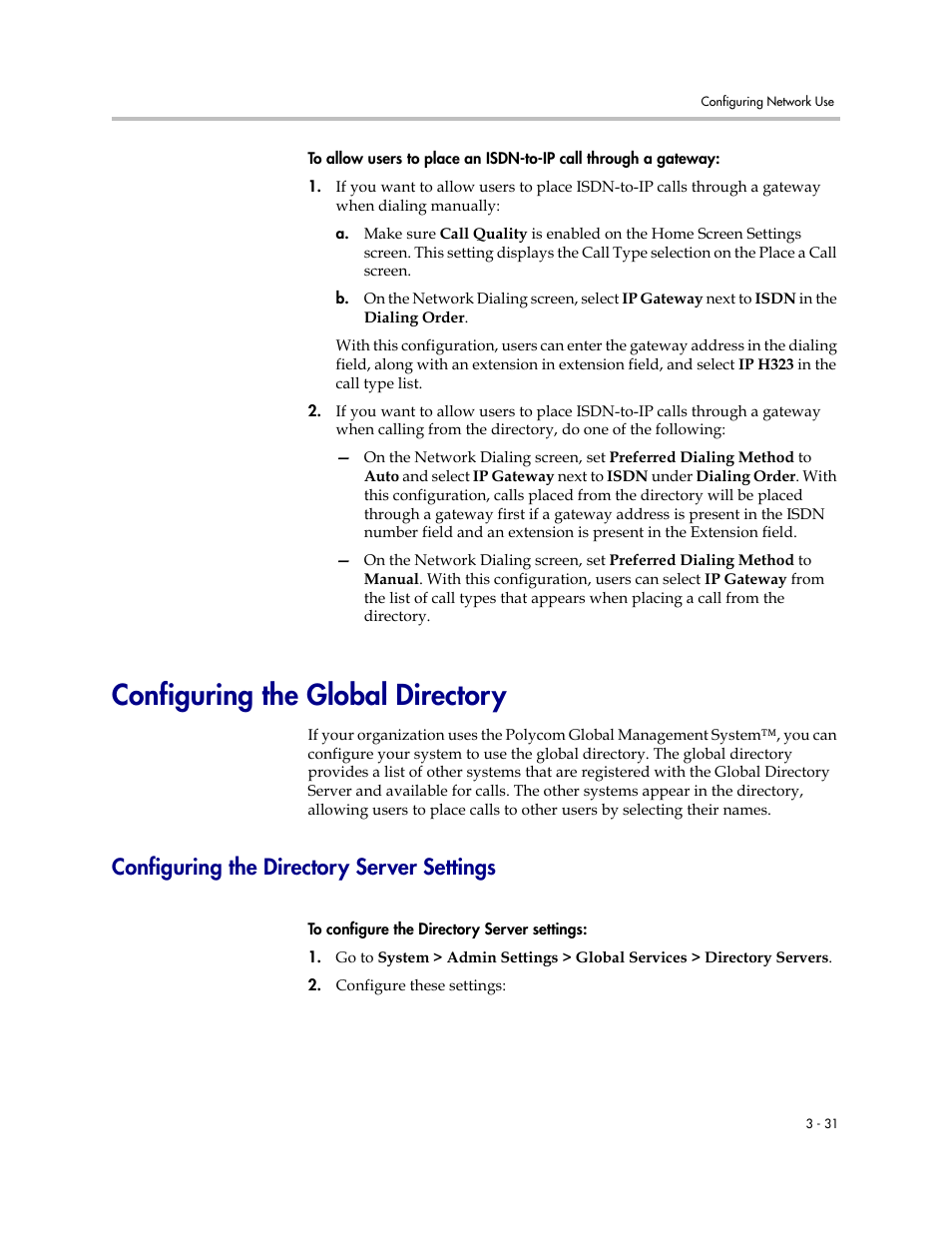 Configuring the global directory, Configuring the directory server settings, Configuring the global directory -31 | Configuring the directory server settings -31 | Polycom VSX Series User Manual | Page 87 / 248