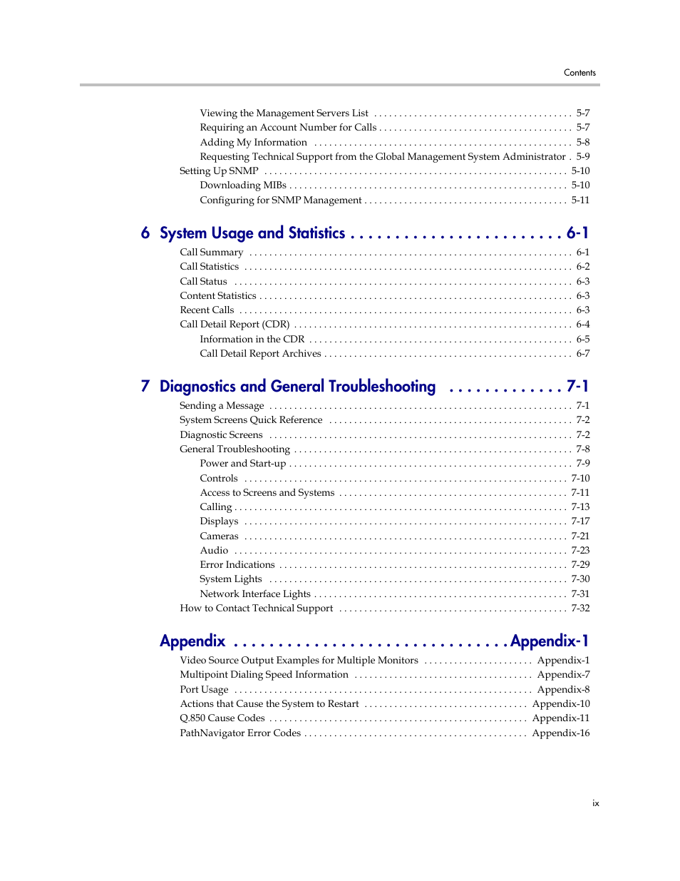 6 system usage and statistics -1, 7 diagnostics and general troubleshooting -1 | Polycom VSX Series User Manual | Page 9 / 248