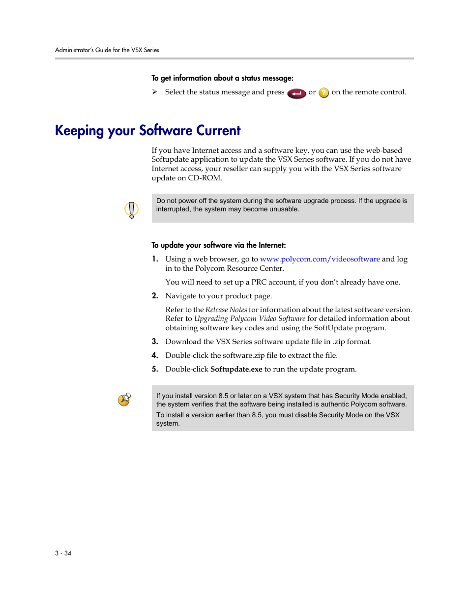 Keeping your software current, Keeping your software current -34 | Polycom VSX Series User Manual | Page 90 / 248