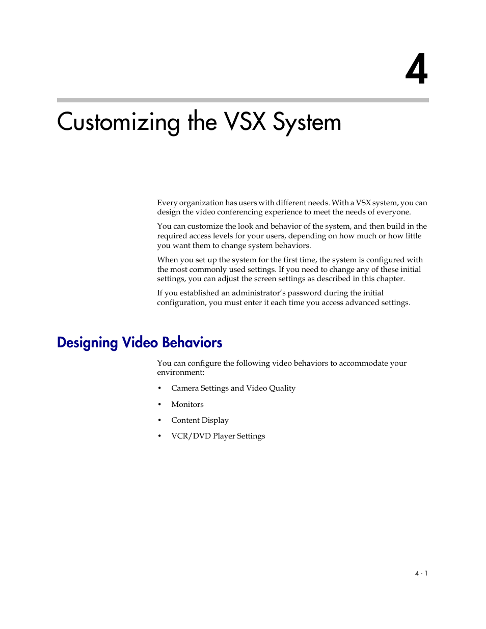 Customizing the vsx system, Designing video behaviors, 4 customizing the vsx system -1 | Designing video behaviors -1 | Polycom VSX Series User Manual | Page 91 / 248