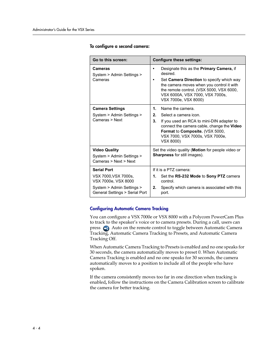 Configuring automatic camera tracking, Configuring automatic camera tracking -4, On p | Ed in | Polycom VSX Series User Manual | Page 94 / 248