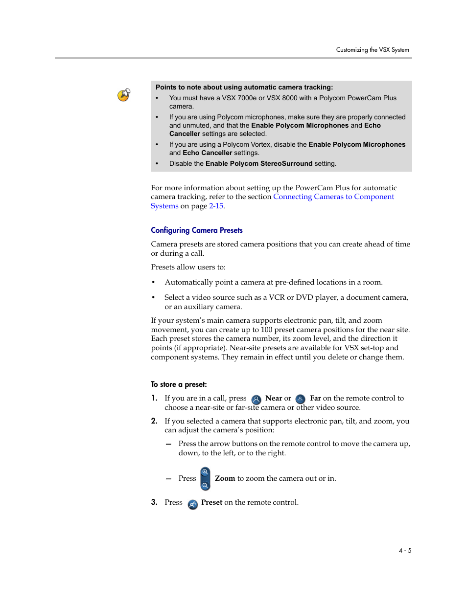 Configuring camera presets, Configuring camera presets -5 | Polycom VSX Series User Manual | Page 95 / 248