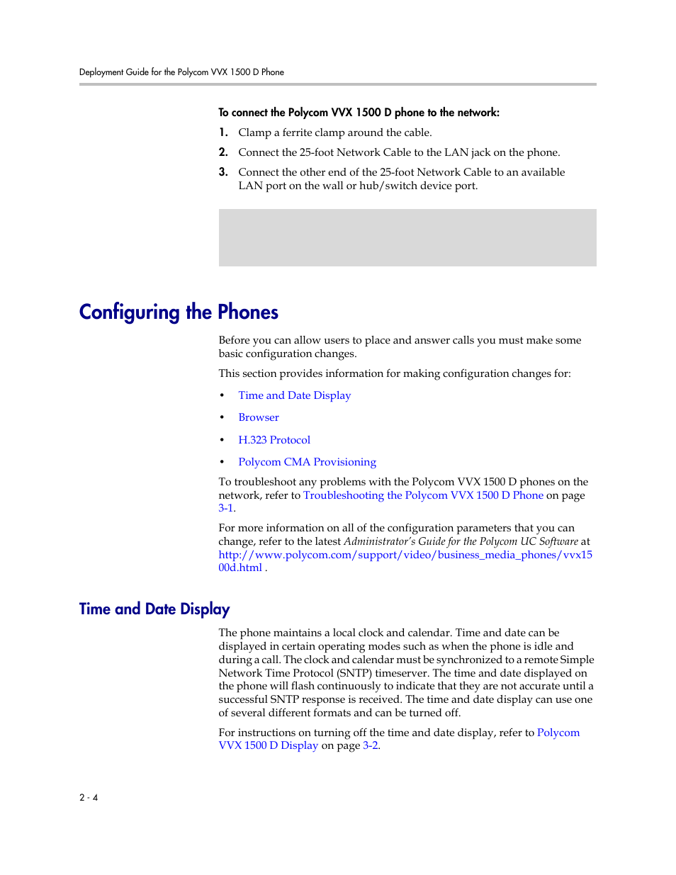 Configuring the phones, Time and date display, Configuring the phones –4 | Time and date display –4, Refer to, Configuring the, Phones | Polycom VVX 1500 D User Manual | Page 14 / 44