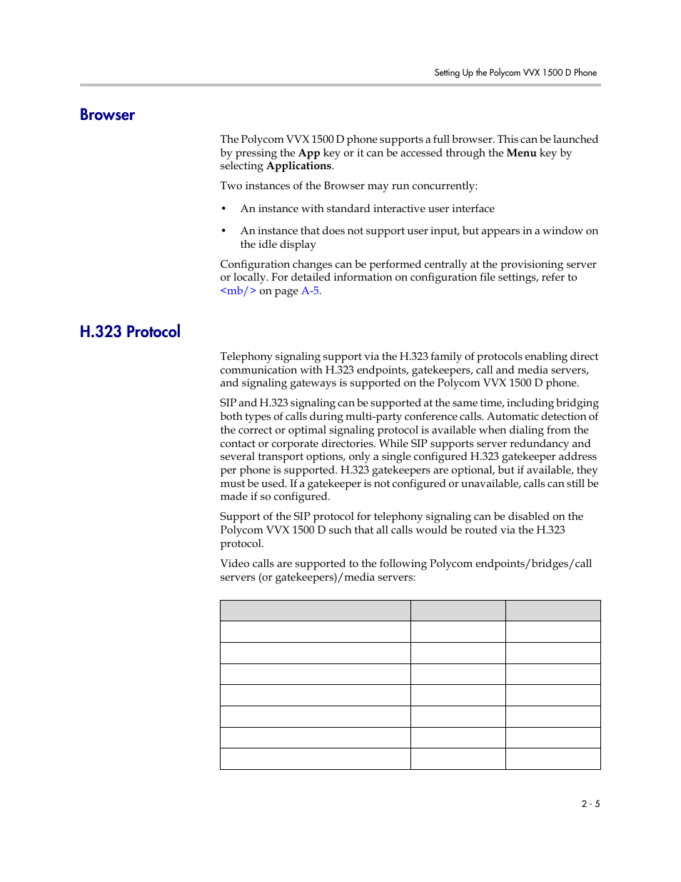 Browser, H.323 protocol, Browser –5 h.323 protocol –5 | Polycom VVX 1500 D User Manual | Page 15 / 44