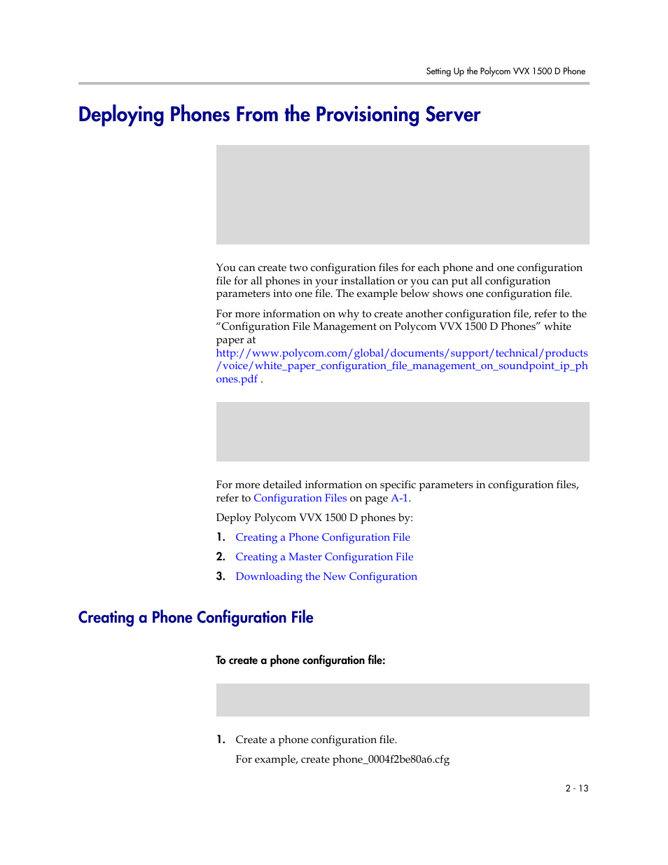 Deploying phones from the provisioning server, Creating a phone configuration file, Deploying phones from the provisioning server –13 | Creating a phone configuration file –13 | Polycom VVX 1500 D User Manual | Page 23 / 44