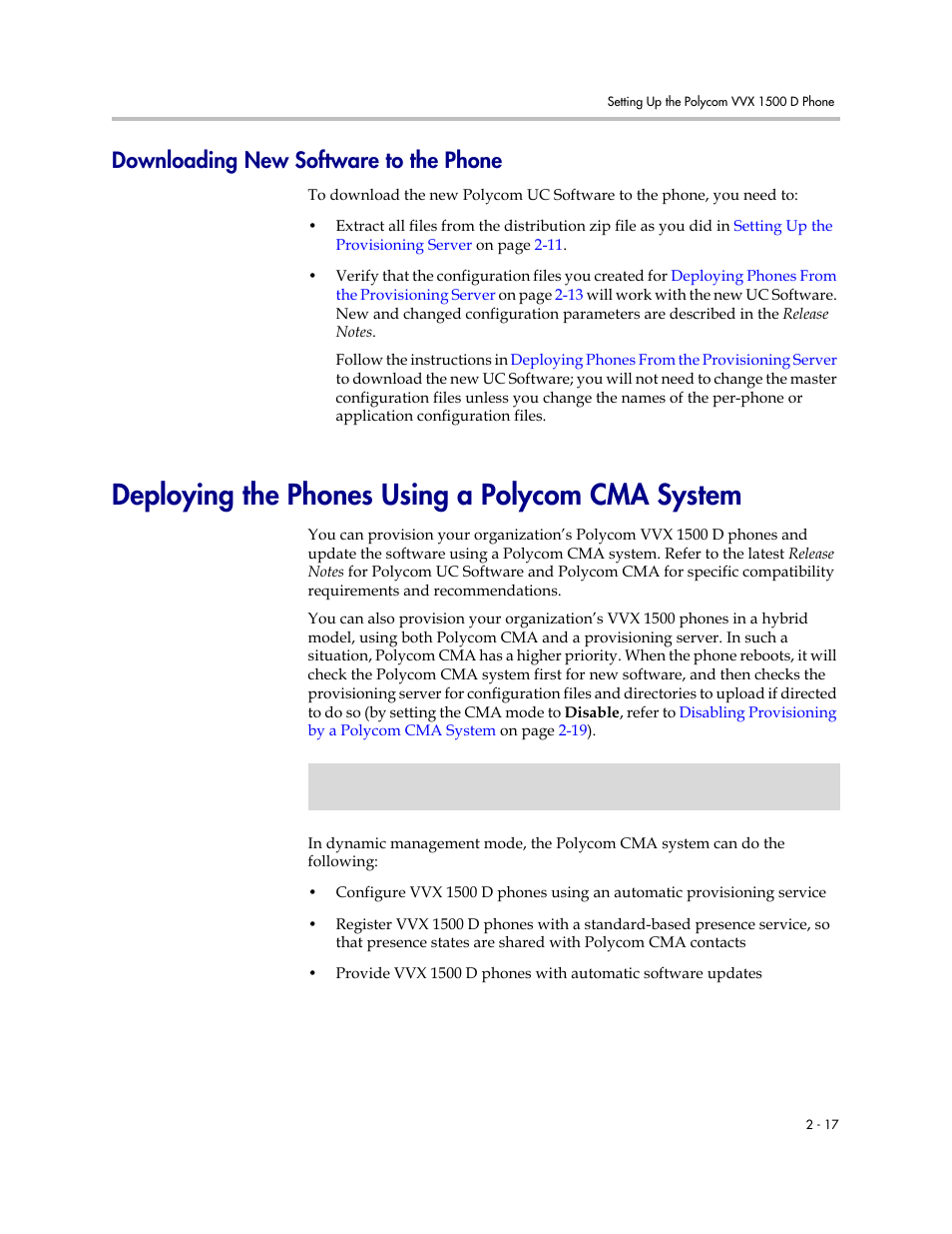 Downloading new software to the phone, Deploying the phones using a polycom cma system, Downloading new software to the phone –17 | Refer to, Downloading new, Software to the phone | Polycom VVX 1500 D User Manual | Page 27 / 44